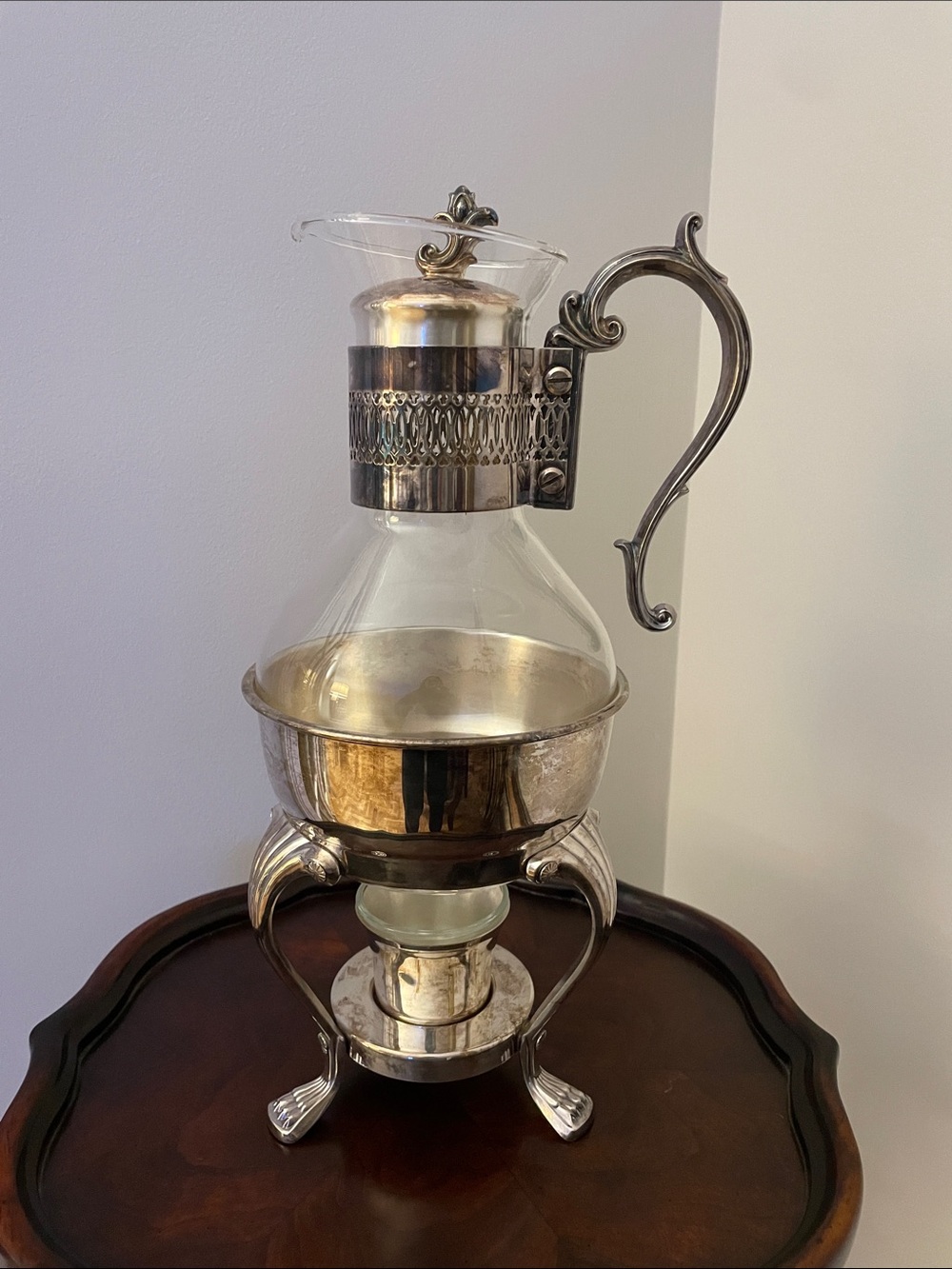 Glass and Silver Plate Beverage Server with Stand